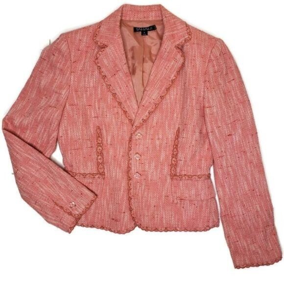 Tahari Pink Tweed Womens Blazer Jacket Size 6 decorative button front lace trim - Picture 7 of 10